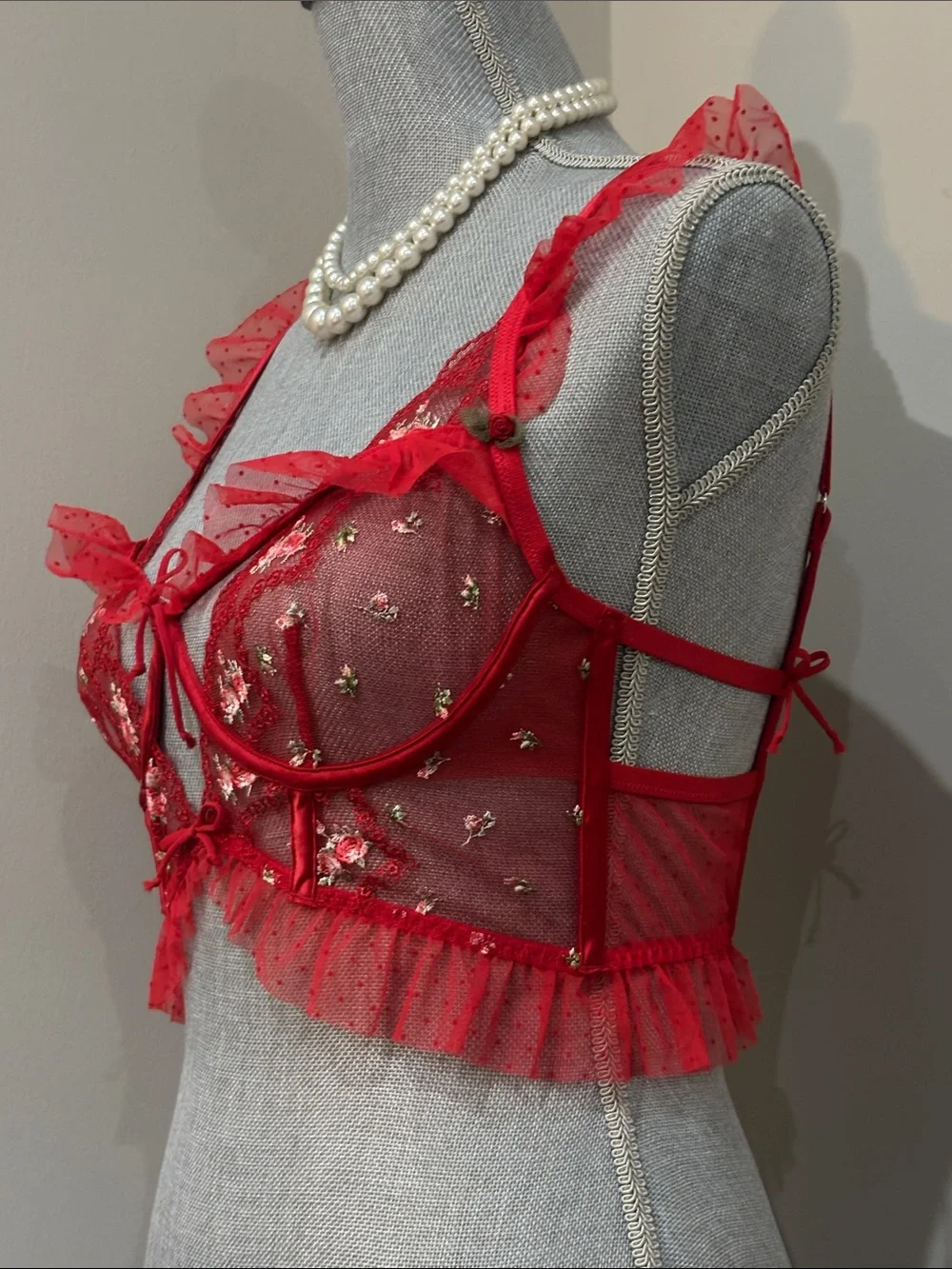 Love & Lemons Rouge Underwire Bustier featuring red lace, floral embroidery